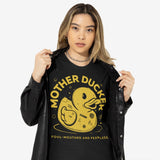 Model wearing the black Mother Ducker T-shirt, Happy Impulse art