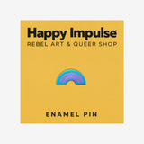 Subtle holographic rainbow lapel pin on Happy Impulse pin backing. 