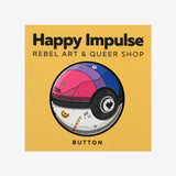 Bisexual pride pinback button, Pokeball‑inspired design in pink, purple, and blue