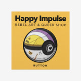 Enby nonbinary pride button pin, Poke Ball-inspired design in enby flag colors for the LGBT+ community.