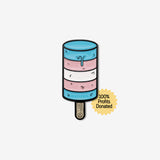 Trans flag colors in a popsicle with a '100% Profits Donated' label on a white background